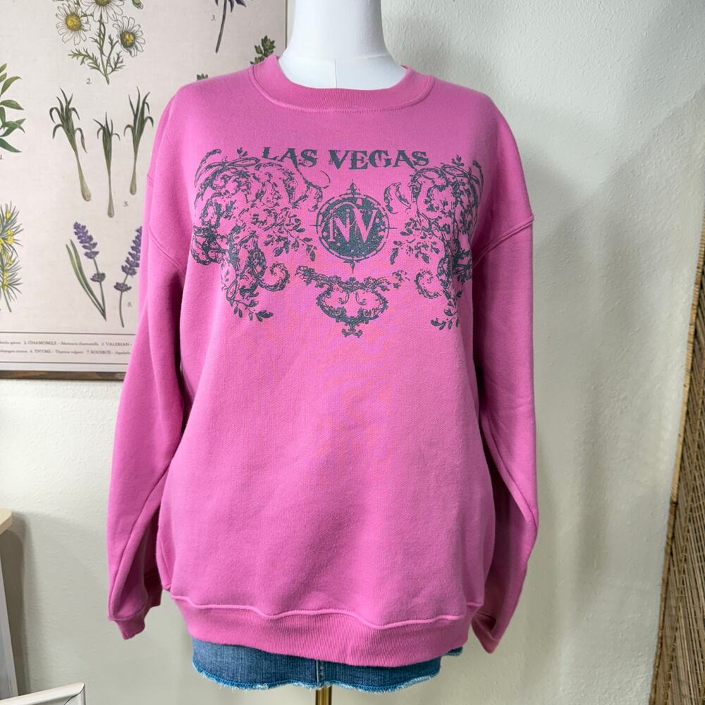 Vintage 90s Y2k Pink Las Vegas Nevada Graphic Crew Pullover Sweatshirt Preppy L